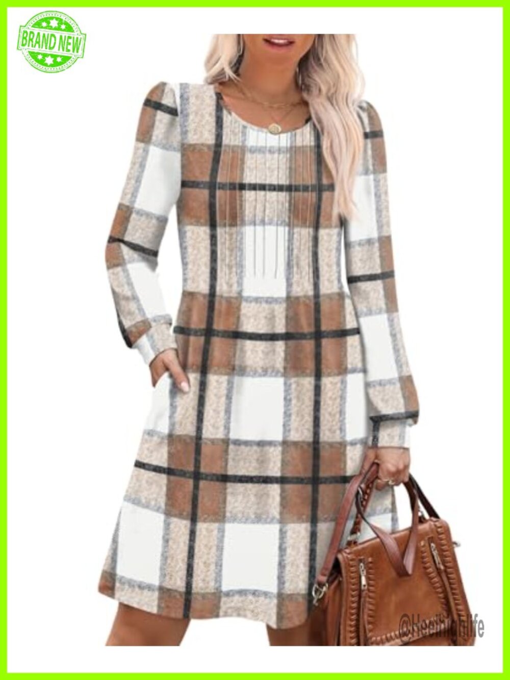 OFEEFAN Women Long Sleeve Pleated Crew Neck Babydoll Sweater Dress Pockets